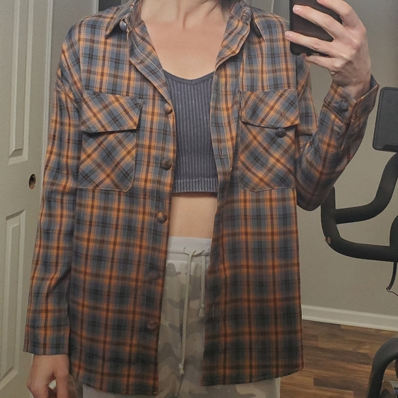 Daisy Street Oversized Orange & Blue Plaid Shirt with Chest Pockets - Picture 3 of 6